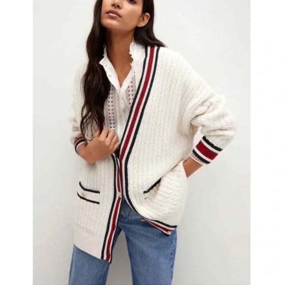 Mango Sweaters - MANGO BLOGGER Cream Navy Red Cableknit Longline Cardigan Varsity Cricket Sweater